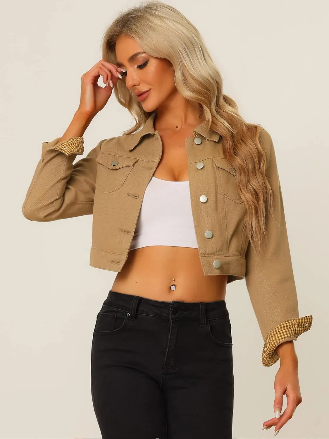 Allegra K Women's Button Down Denim Jacket Check Cuffs Casual Cropped Jean Jackets
