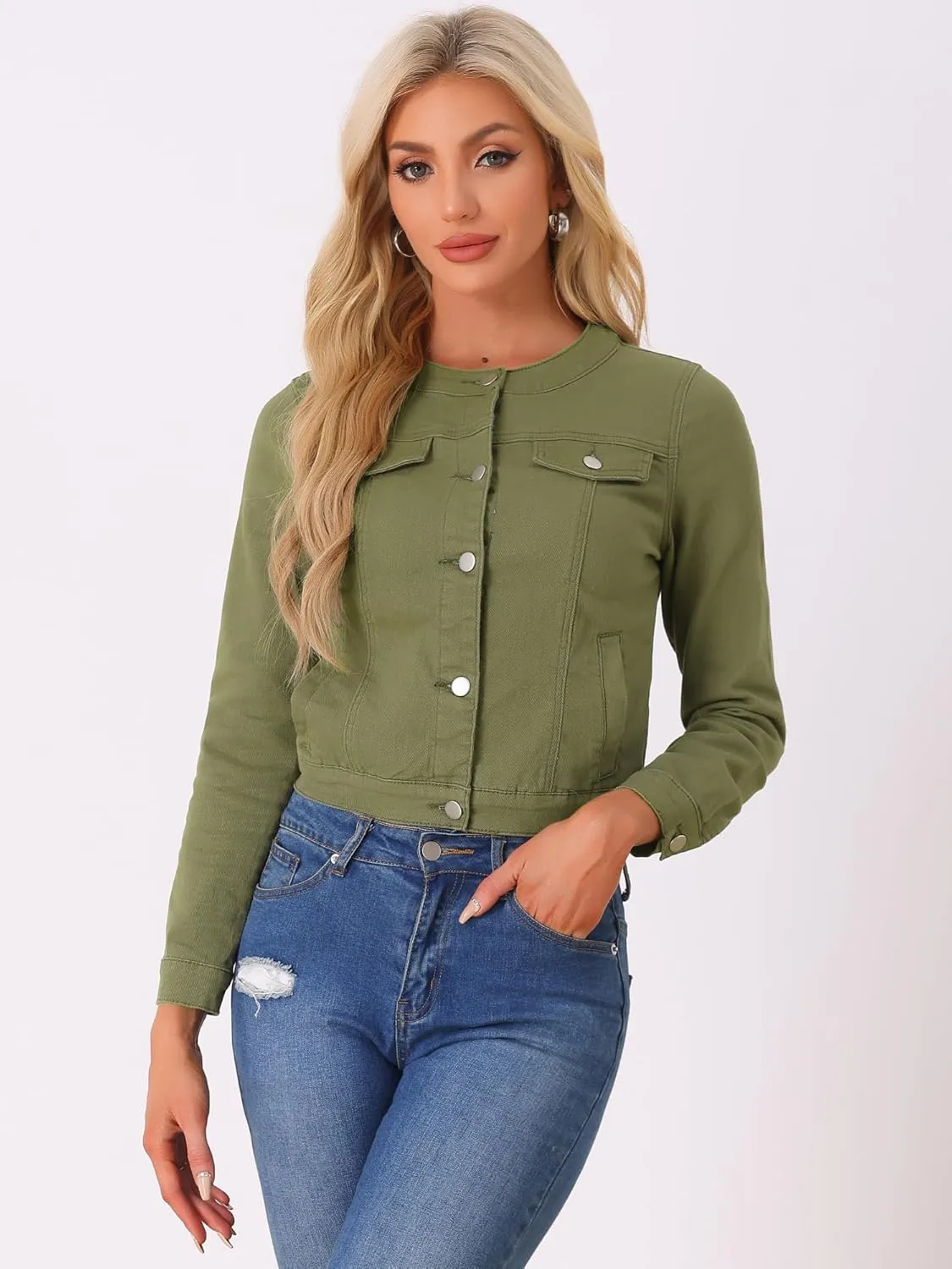 Allegra K Women's Denim Jacket Button Down Collarless Long Sleeve Jean Jackets