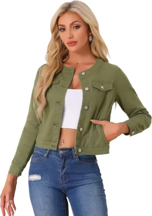 Allegra K Women's Denim Jacket Button Down Collarless Long Sleeve Jean Jackets
