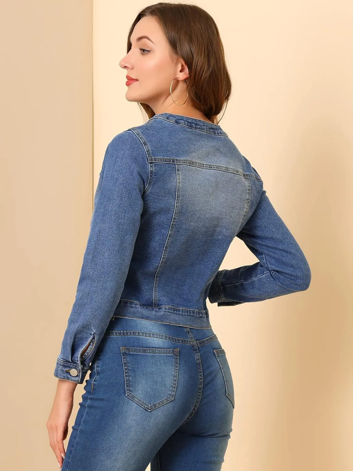 Allegra K Women's Denim Jacket Button Down Collarless Long Sleeve Jean Jackets