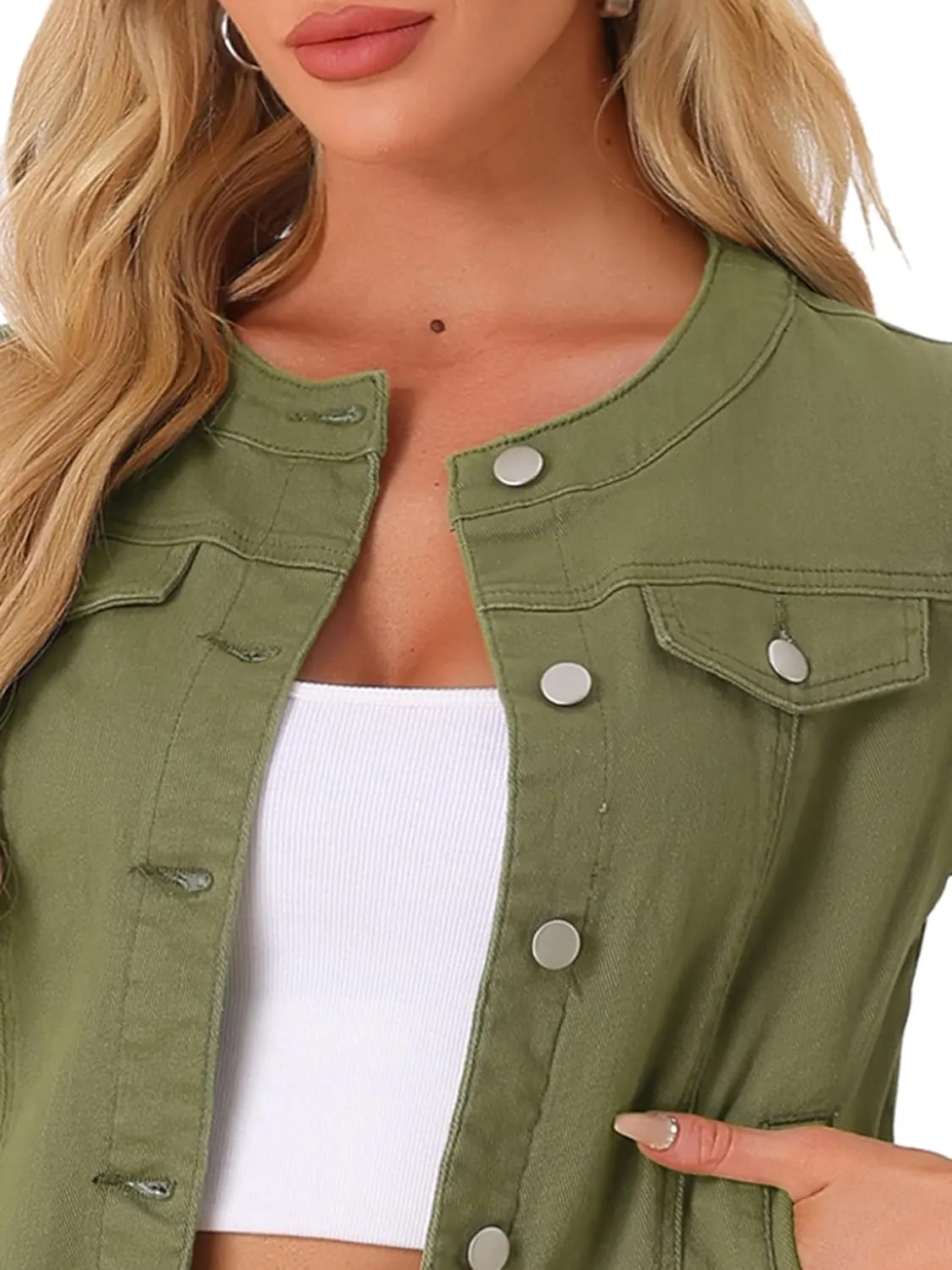 Allegra K Women's Denim Jacket Button Down Collarless Long Sleeve Jean Jackets