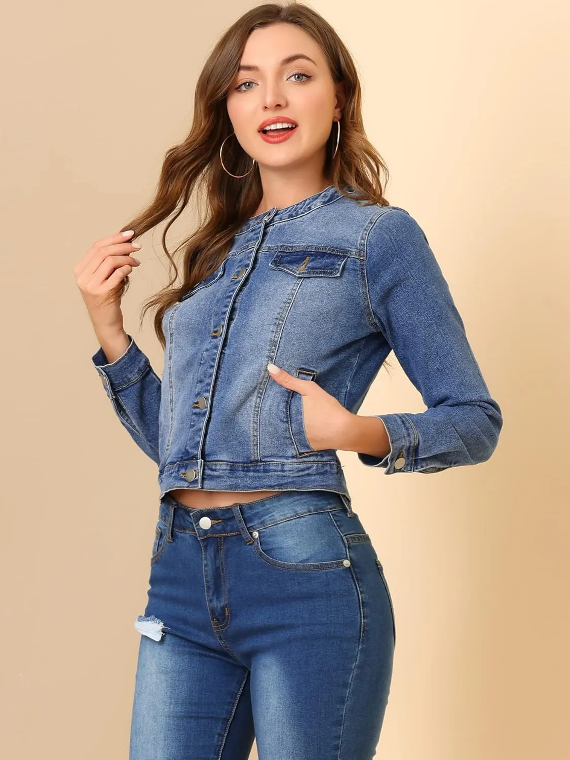 Allegra K Women's Denim Jacket Button Down Collarless Long Sleeve Jean Jackets