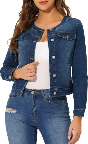 Allegra K Women's Denim Jacket Button Down Collarless Long Sleeve Jean Jackets
