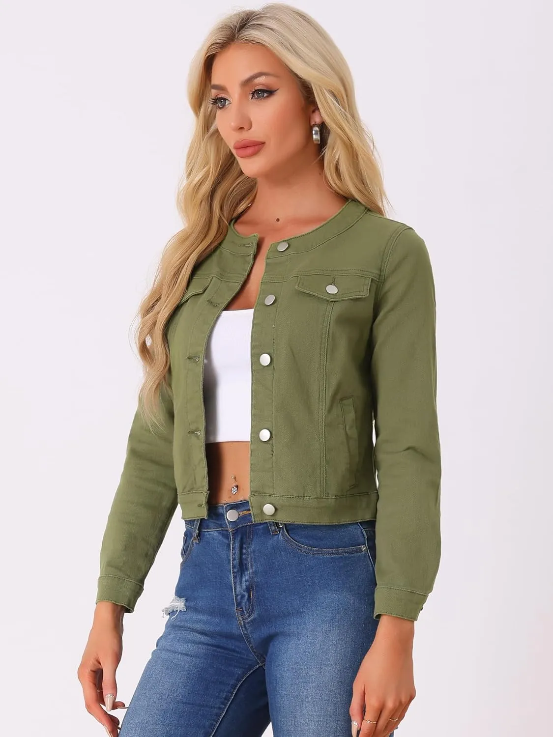 Allegra K Women's Denim Jacket Button Down Collarless Long Sleeve Jean Jackets