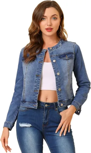Allegra K Women's Denim Jacket Button Down Collarless Long Sleeve Jean Jackets
