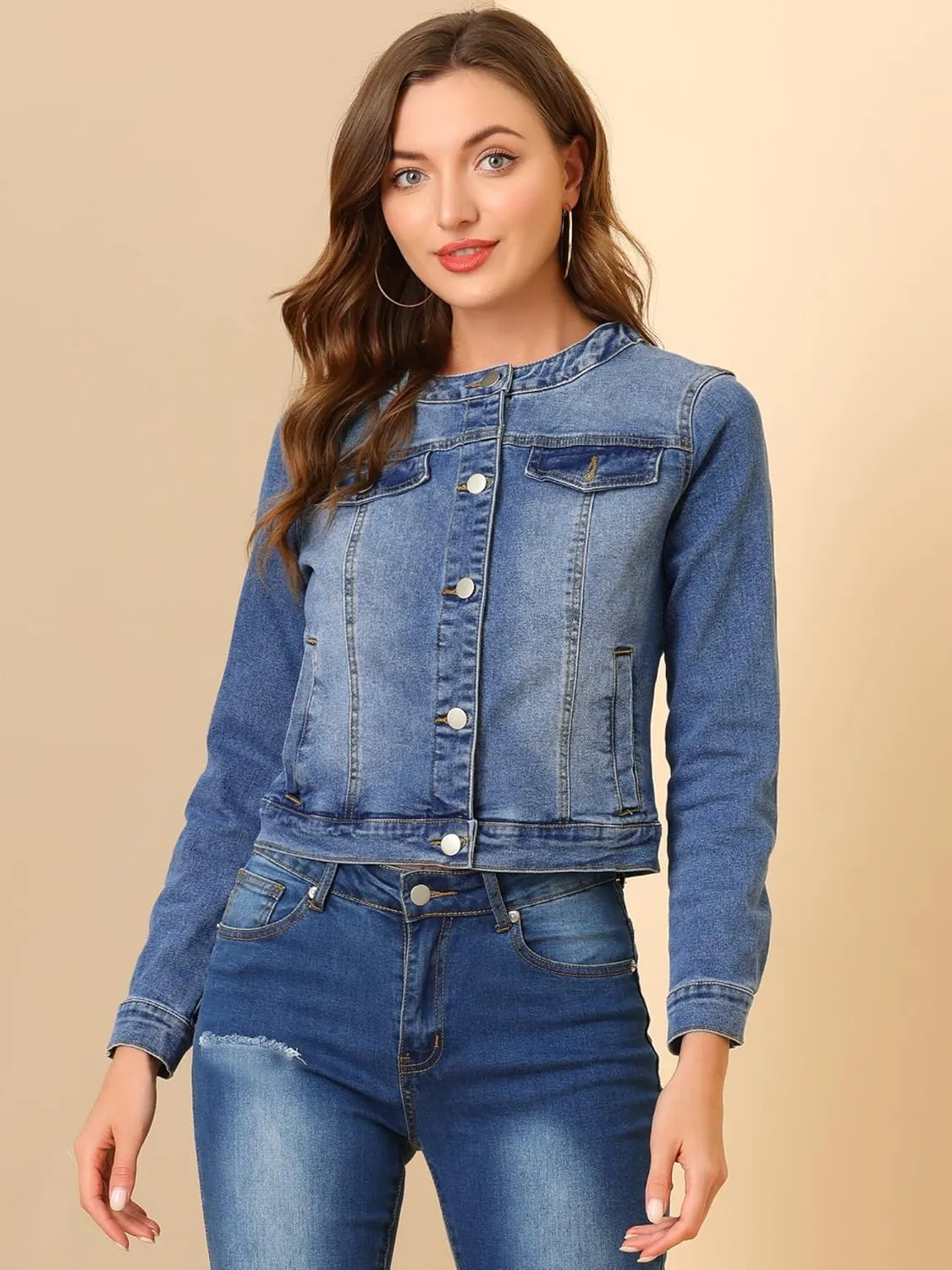 Allegra K Women's Denim Jacket Button Down Collarless Long Sleeve Jean Jackets