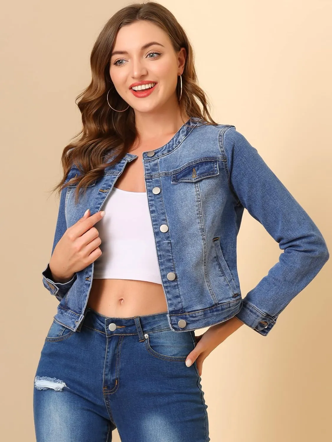 Allegra K Women's Denim Jacket Button Down Collarless Long Sleeve Jean Jackets