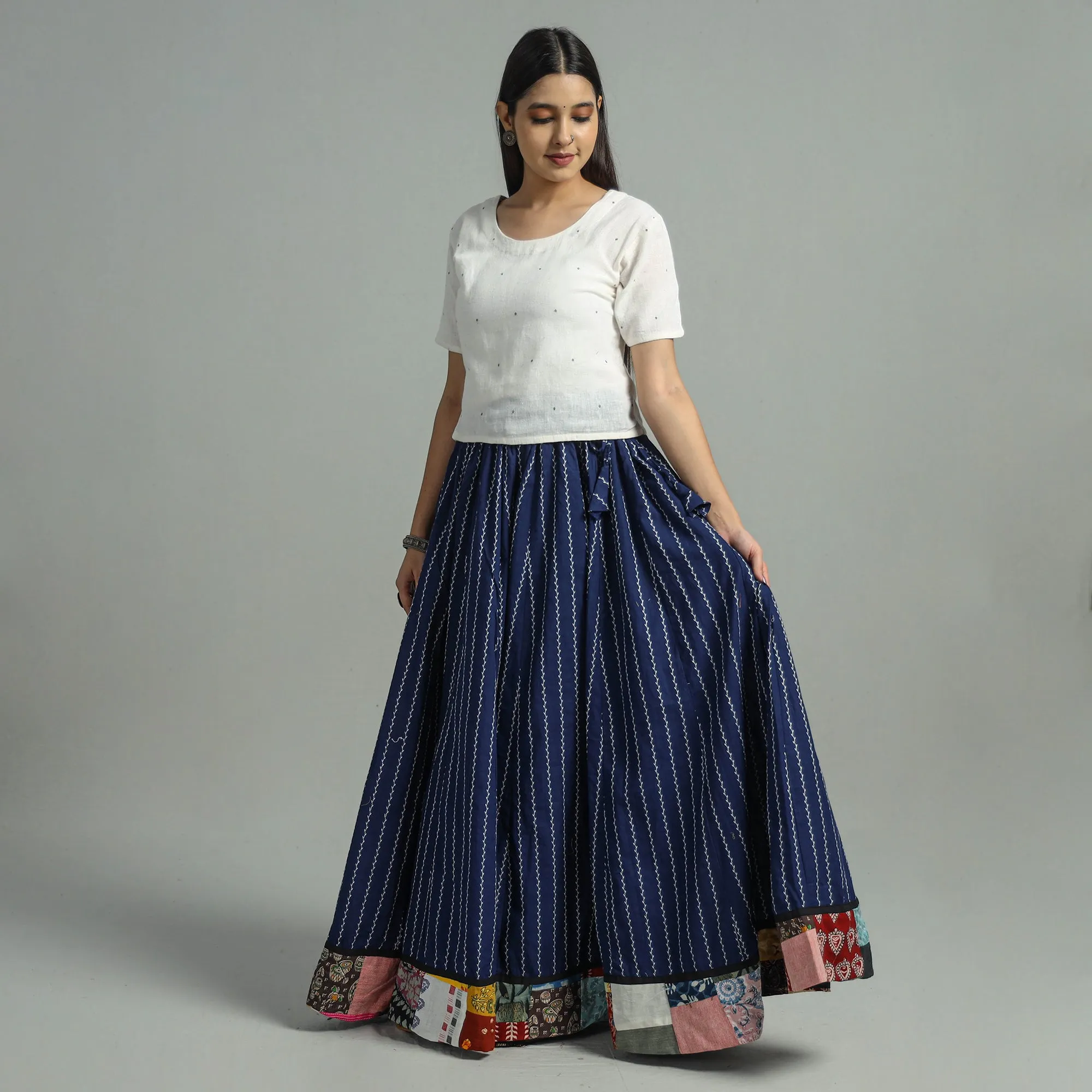 Blue - Jacquard Patchwork 24 Kali Cotton Long Skirt 03