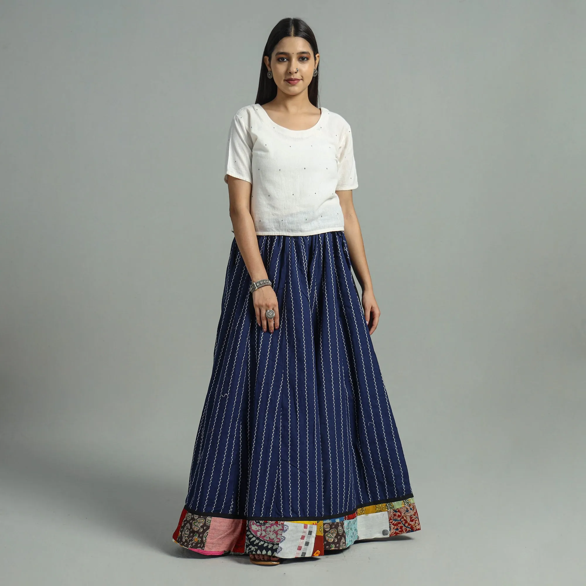Blue - Jacquard Patchwork 24 Kali Cotton Long Skirt 03