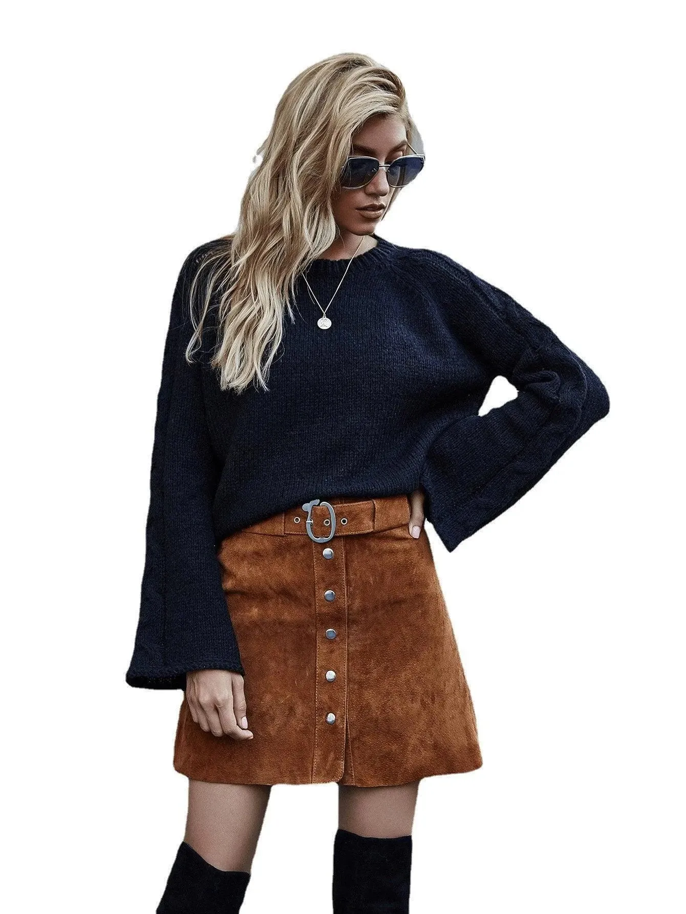 Casual Round Neck Bell Sleeve Solid Color Sweater
