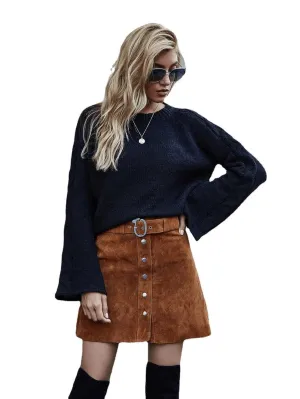 Casual Round Neck Bell Sleeve Solid Color Sweater
