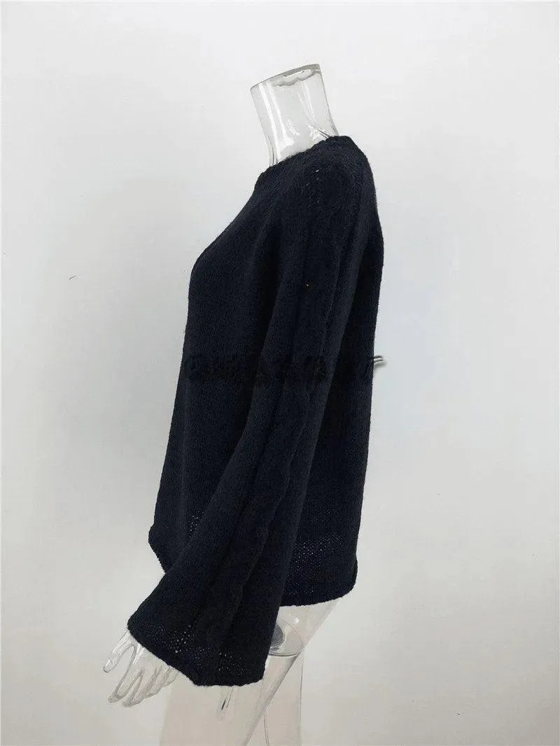 Casual Round Neck Bell Sleeve Solid Color Sweater