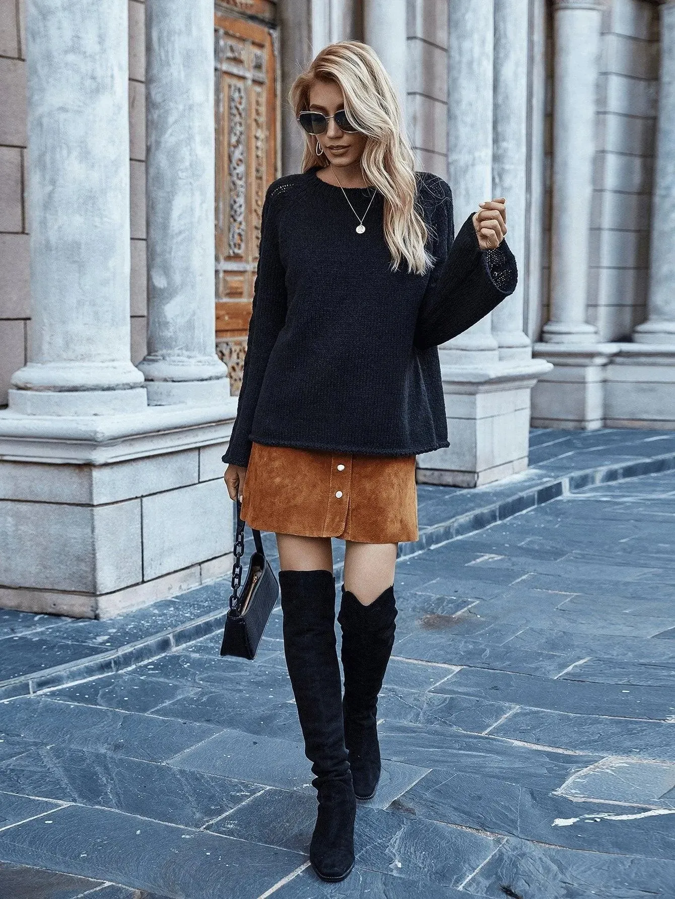 Casual Round Neck Bell Sleeve Solid Color Sweater