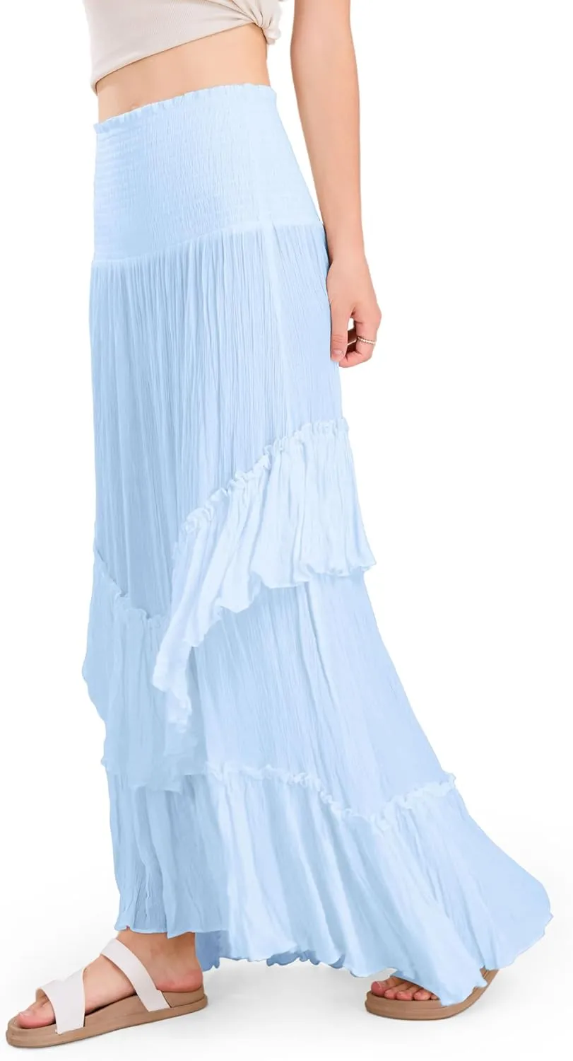 CHARTOU Women Boho Maxi Convertible Skirt Wide Smocked Elastic Waist Asymmetric Ruffle Strapless Dress
