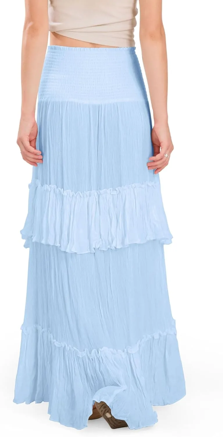 CHARTOU Women Boho Maxi Convertible Skirt Wide Smocked Elastic Waist Asymmetric Ruffle Strapless Dress