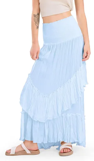 CHARTOU Women Boho Maxi Convertible Skirt Wide Smocked Elastic Waist Asymmetric Ruffle Strapless Dress