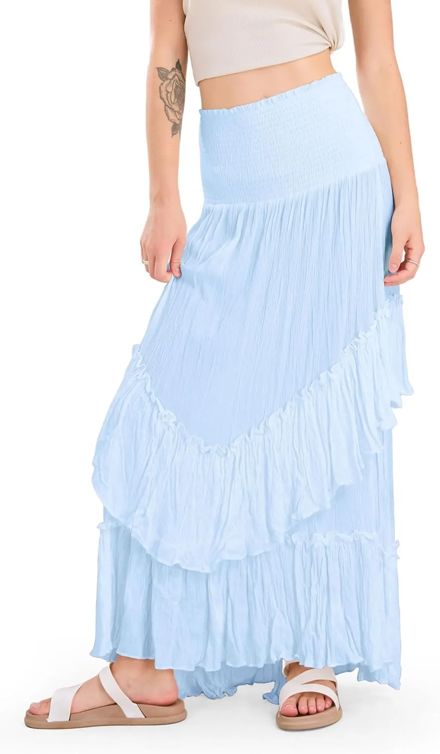 CHARTOU Women Boho Maxi Convertible Skirt Wide Smocked Elastic Waist Asymmetric Ruffle Strapless Dress