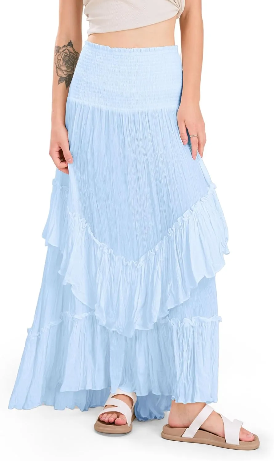 CHARTOU Women Boho Maxi Convertible Skirt Wide Smocked Elastic Waist Asymmetric Ruffle Strapless Dress