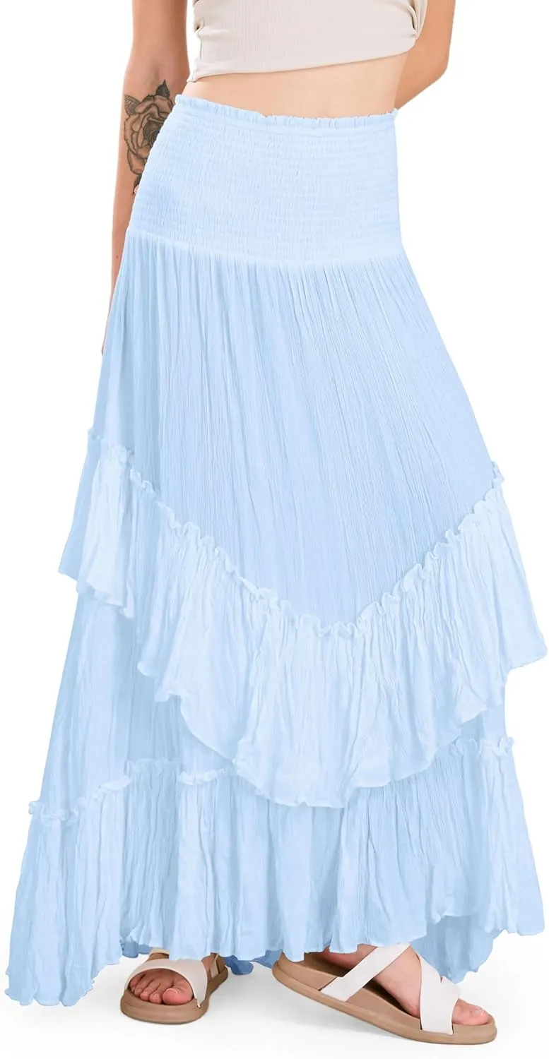 CHARTOU Women Boho Maxi Convertible Skirt Wide Smocked Elastic Waist Asymmetric Ruffle Strapless Dress