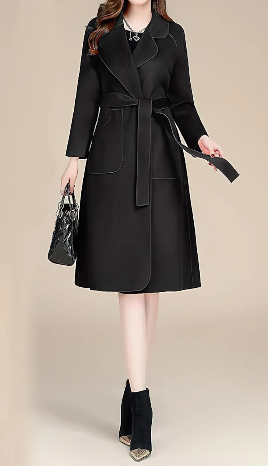 chouyatou Women Fall Winter Double Face Wool Blend Overcoat Notched Collar Wrap Midi Trench Coat with Belt