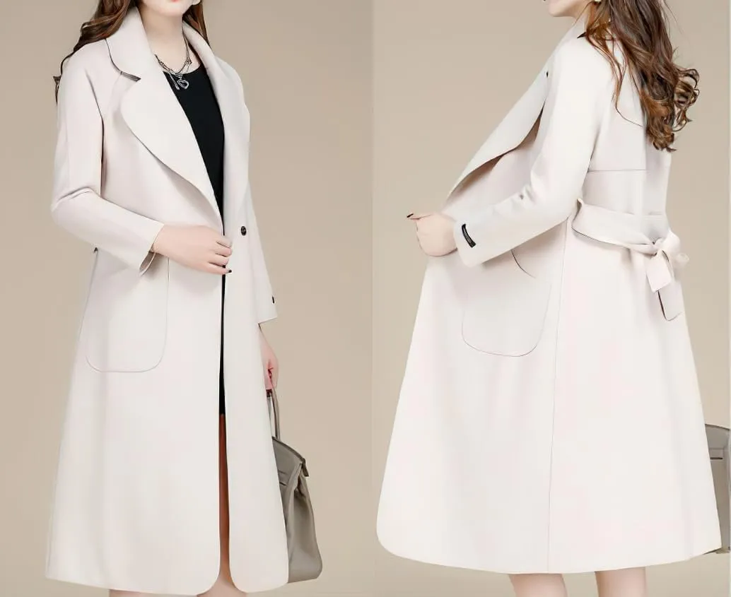 chouyatou Women Fall Winter Double Face Wool Blend Overcoat Notched Collar Wrap Midi Trench Coat with Belt