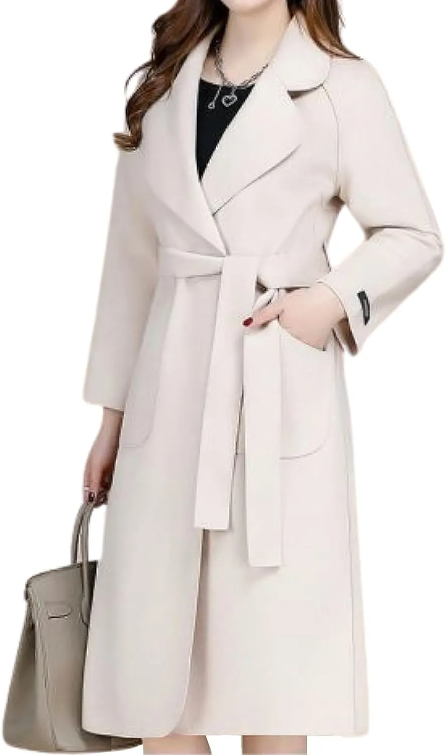 chouyatou Women Fall Winter Double Face Wool Blend Overcoat Notched Collar Wrap Midi Trench Coat with Belt