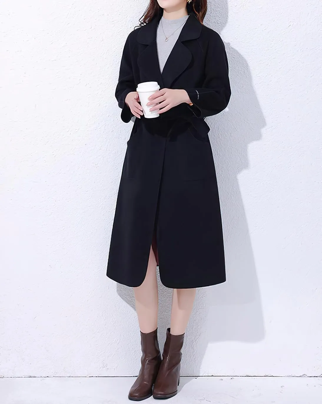 chouyatou Women Fall Winter Double Face Wool Blend Overcoat Notched Collar Wrap Midi Trench Coat with Belt
