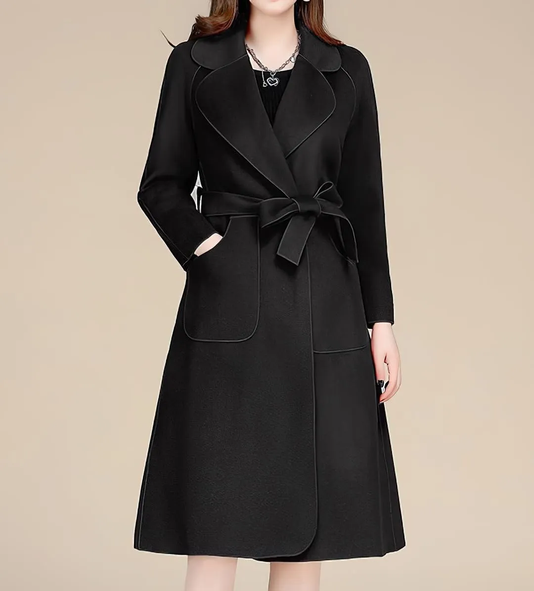 chouyatou Women Fall Winter Double Face Wool Blend Overcoat Notched Collar Wrap Midi Trench Coat with Belt