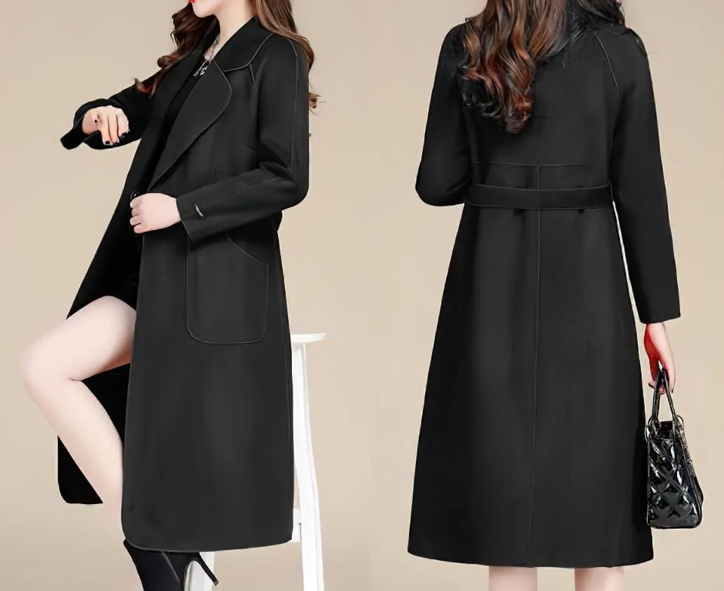 chouyatou Women Fall Winter Double Face Wool Blend Overcoat Notched Collar Wrap Midi Trench Coat with Belt