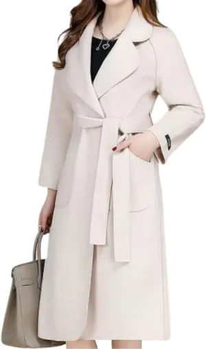 chouyatou Women Fall Winter Double Face Wool Blend Overcoat Notched Collar Wrap Midi Trench Coat with Belt
