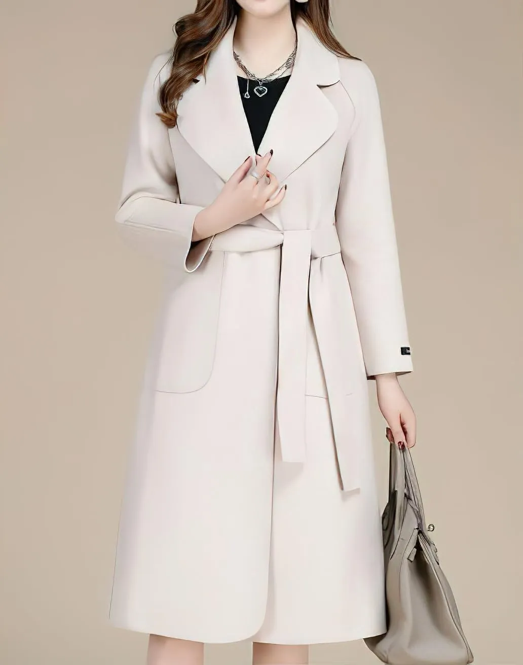 chouyatou Women Fall Winter Double Face Wool Blend Overcoat Notched Collar Wrap Midi Trench Coat with Belt