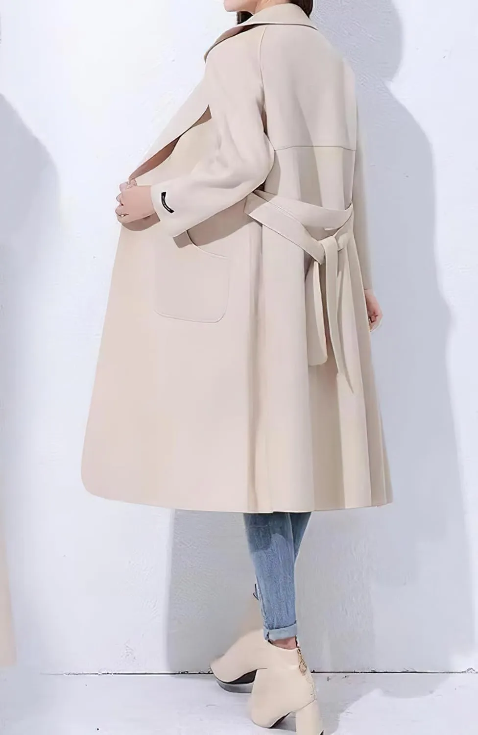 chouyatou Women Fall Winter Double Face Wool Blend Overcoat Notched Collar Wrap Midi Trench Coat with Belt
