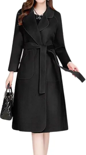 chouyatou Women Fall Winter Double Face Wool Blend Overcoat Notched Collar Wrap Midi Trench Coat with Belt