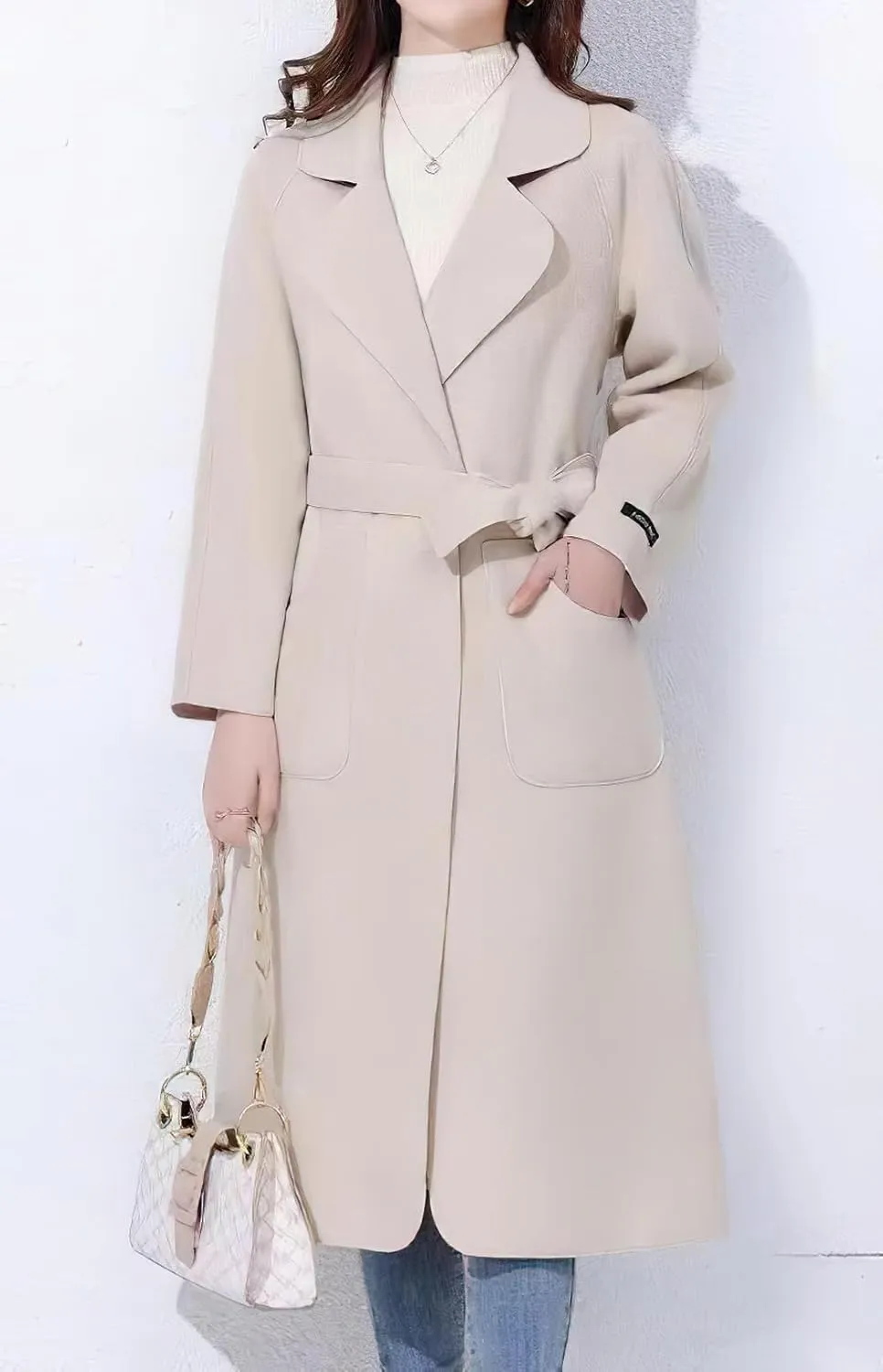 chouyatou Women Fall Winter Double Face Wool Blend Overcoat Notched Collar Wrap Midi Trench Coat with Belt