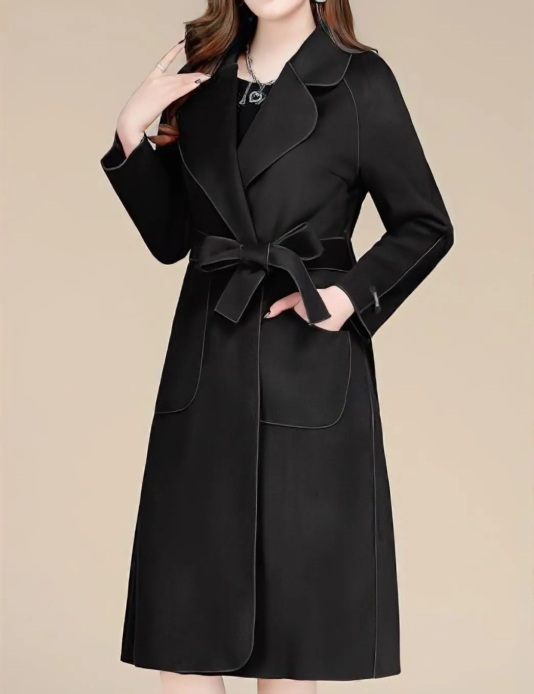 chouyatou Women Fall Winter Double Face Wool Blend Overcoat Notched Collar Wrap Midi Trench Coat with Belt