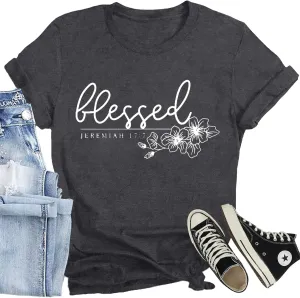 Christian Shirt for Women Blessed Letter Print Bible Verse T-Shirt Retro Faith Short Sleeve