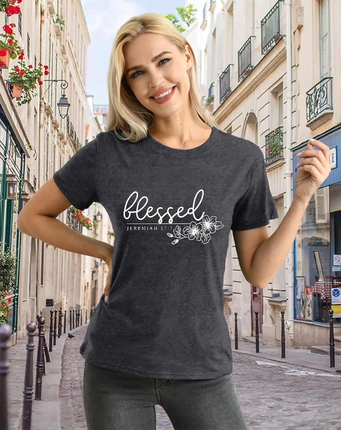 Christian Shirt for Women Blessed Letter Print Bible Verse T-Shirt Retro Faith Short Sleeve