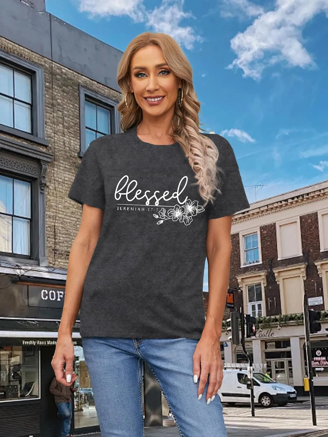 Christian Shirt for Women Blessed Letter Print Bible Verse T-Shirt Retro Faith Short Sleeve