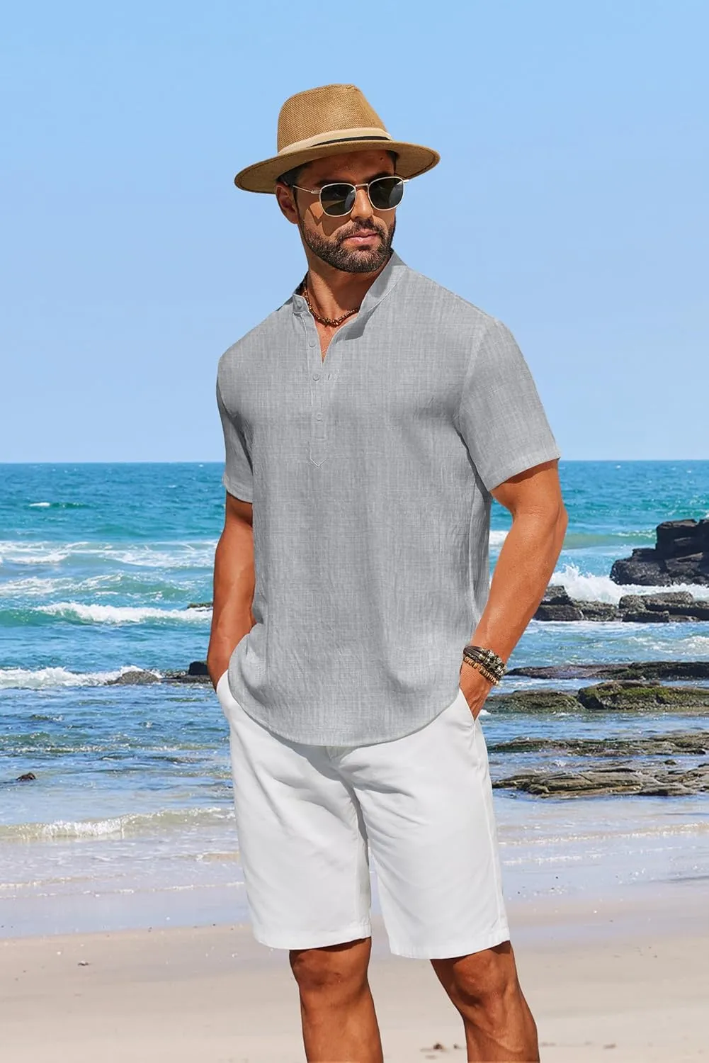 COOFANDY Men's Casual Henley Shirt Short Sleeve Linen Shirt Band Collar Summer Hippie Beach T-Shirts