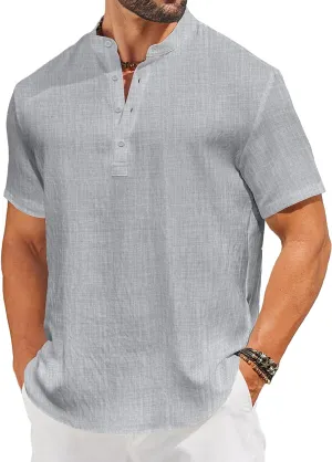 COOFANDY Men's Casual Henley Shirt Short Sleeve Linen Shirt Band Collar Summer Hippie Beach T-Shirts