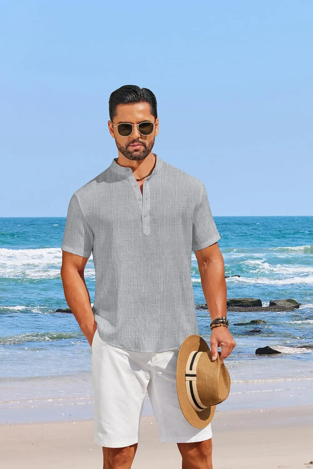 COOFANDY Men's Casual Henley Shirt Short Sleeve Linen Shirt Band Collar Summer Hippie Beach T-Shirts