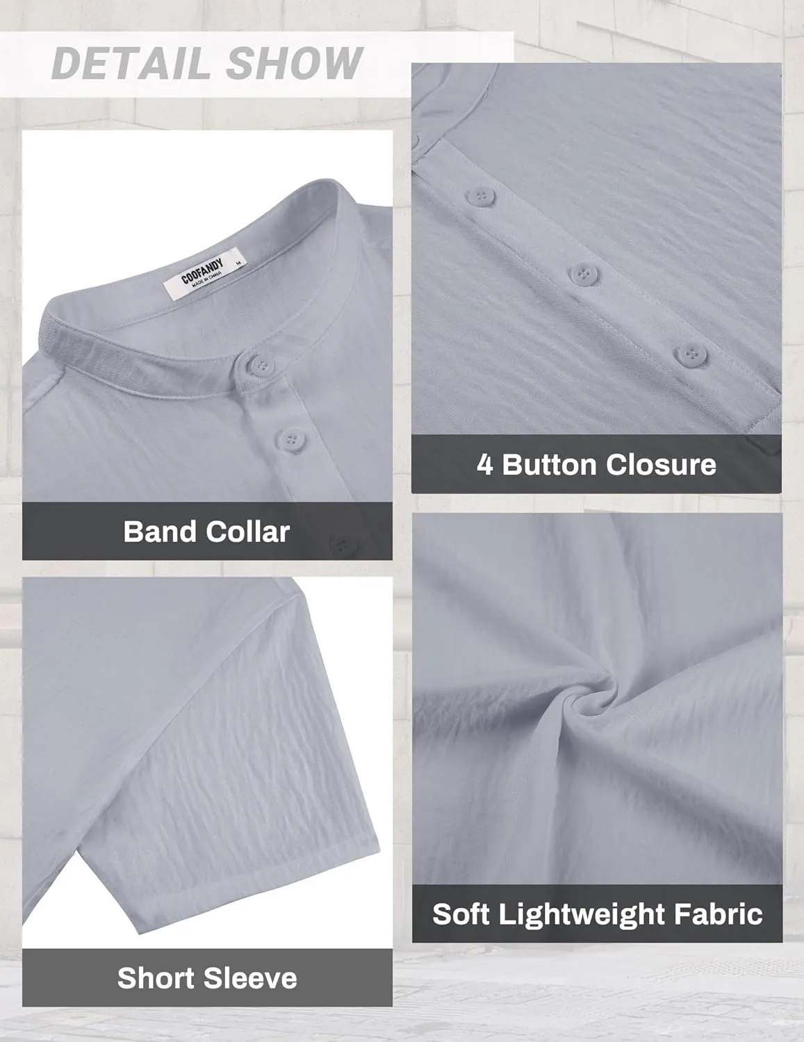COOFANDY Men's Casual Henley Shirt Short Sleeve Linen Shirt Band Collar Summer Hippie Beach T-Shirts