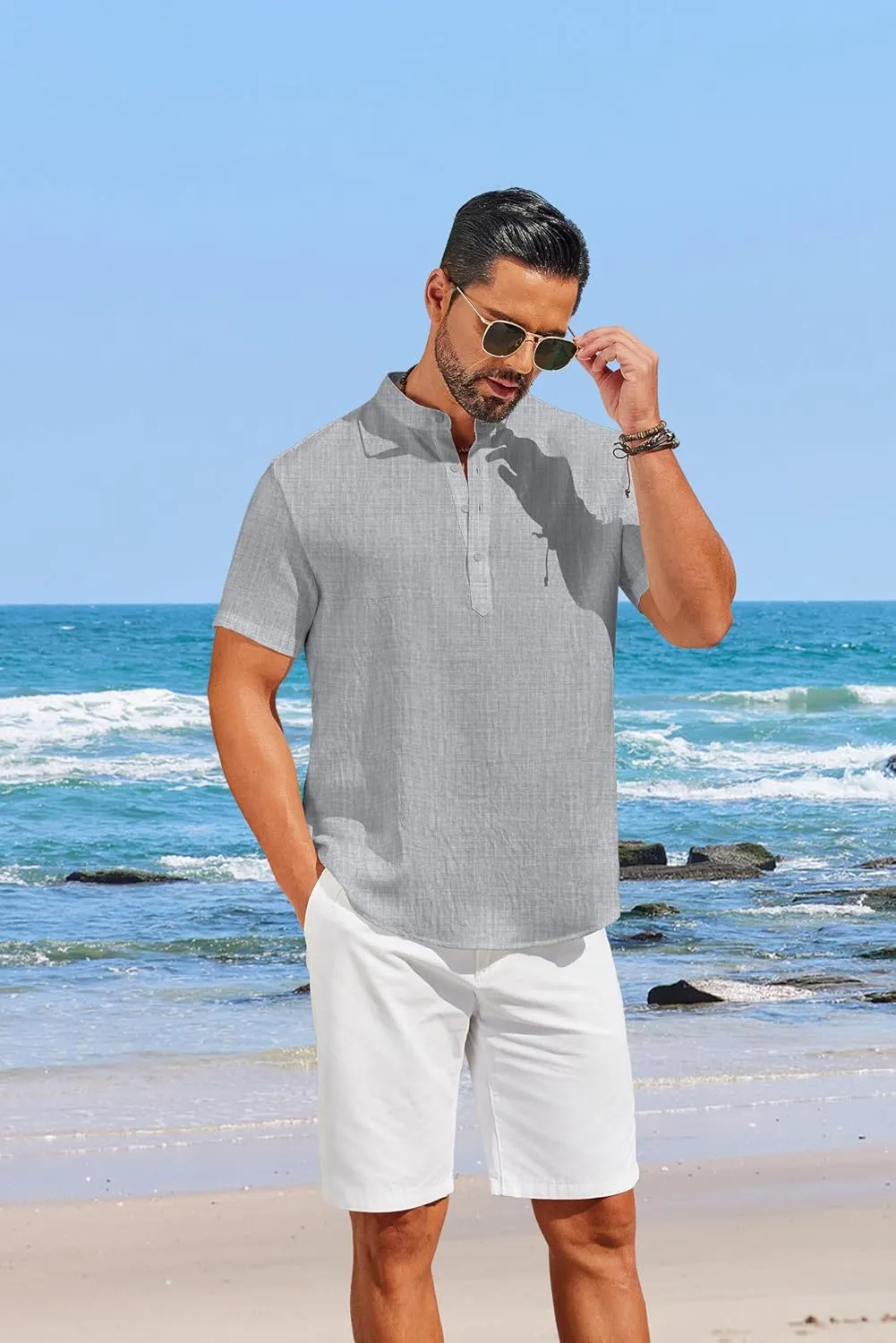 COOFANDY Men's Casual Henley Shirt Short Sleeve Linen Shirt Band Collar Summer Hippie Beach T-Shirts