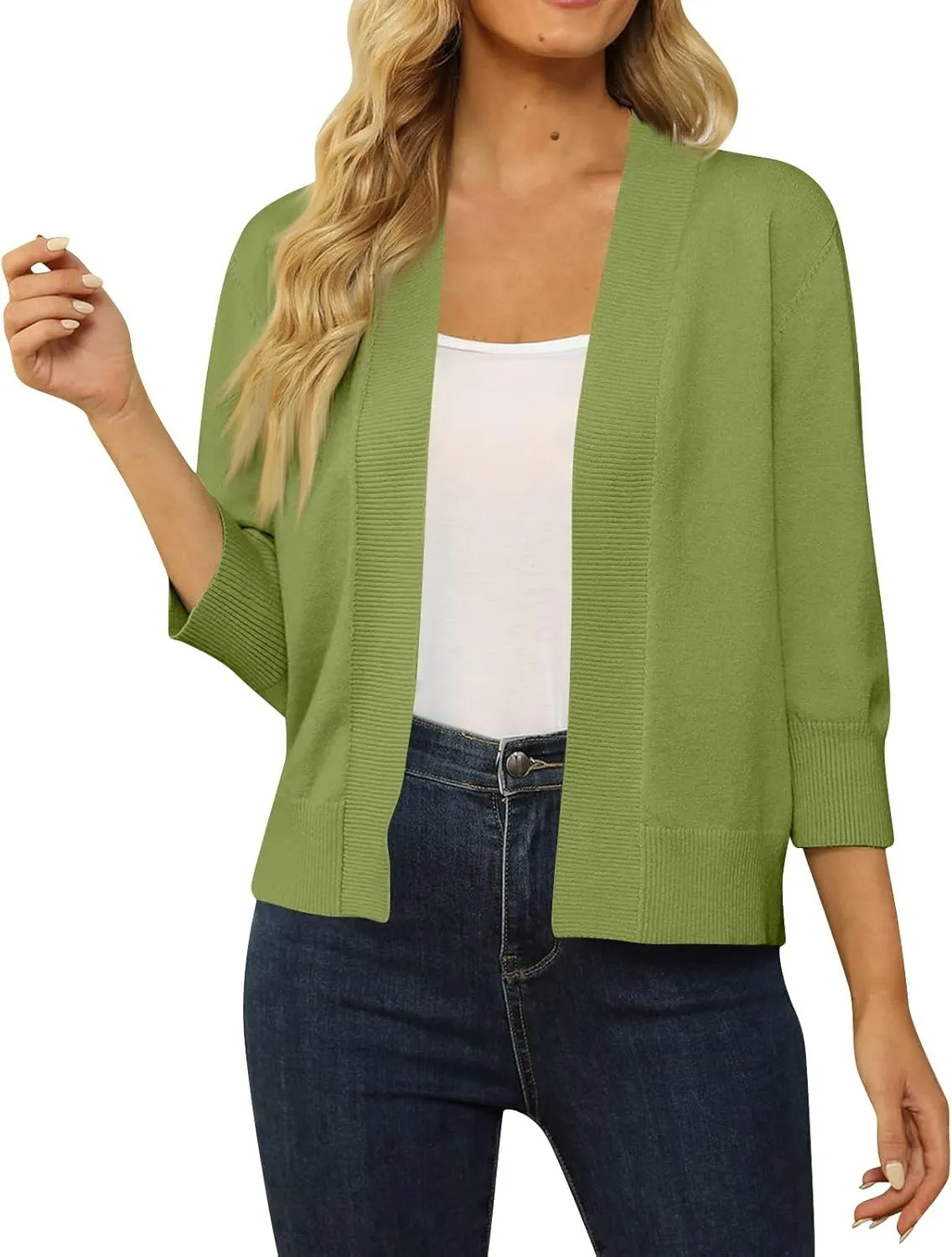 Cropped Cardigan Sweaters for Women Lightweight 3/4 Sleeve Open Front Short Shrugs Cardigans Fall Sweater Jacket Tops
