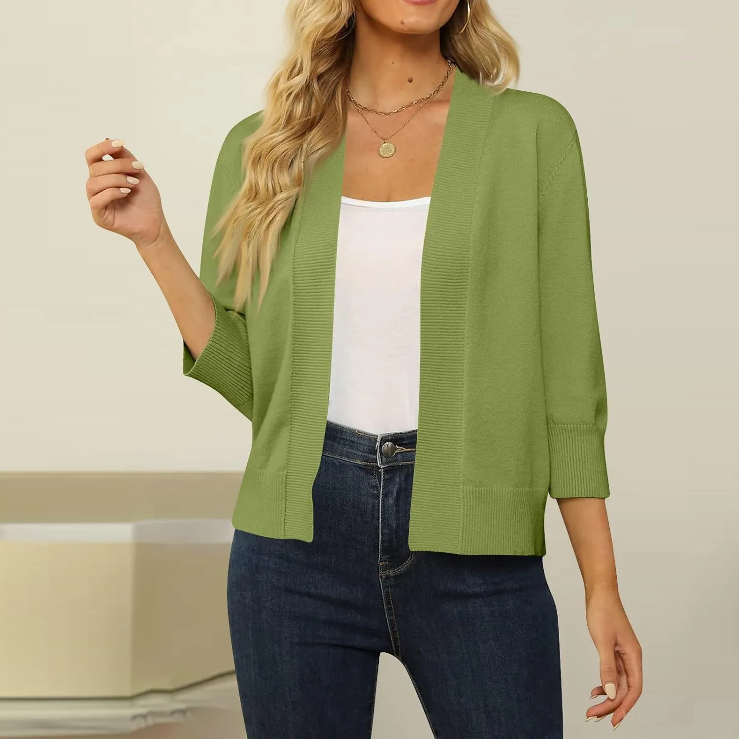 Cropped Cardigan Sweaters for Women Lightweight 3/4 Sleeve Open Front Short Shrugs Cardigans Fall Sweater Jacket Tops