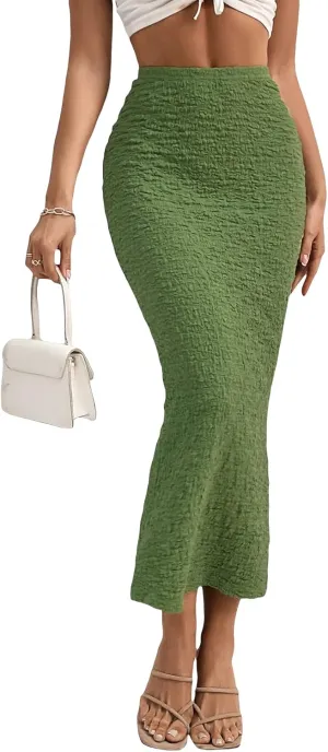 GORGLITTER Women's High Waisted Long Pencil Skirts Ribbed Knit Flowy Bodycon Maxi Skirt Summer Trendy 2025