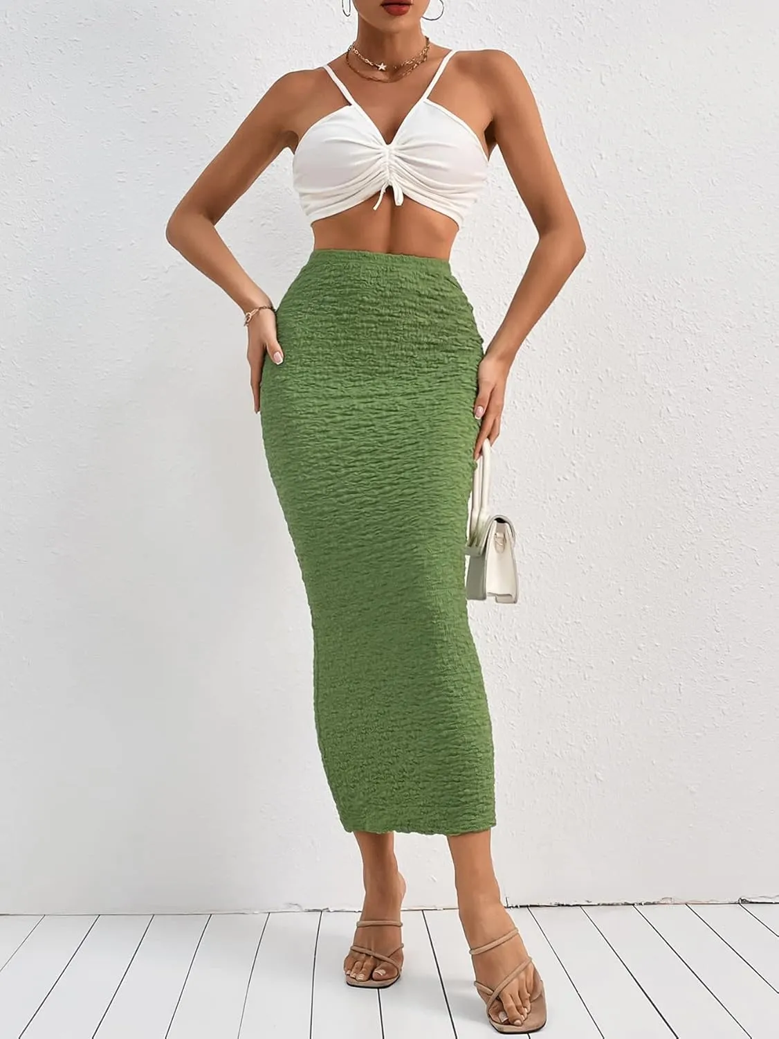 GORGLITTER Women's High Waisted Long Pencil Skirts Ribbed Knit Flowy Bodycon Maxi Skirt Summer Trendy 2025