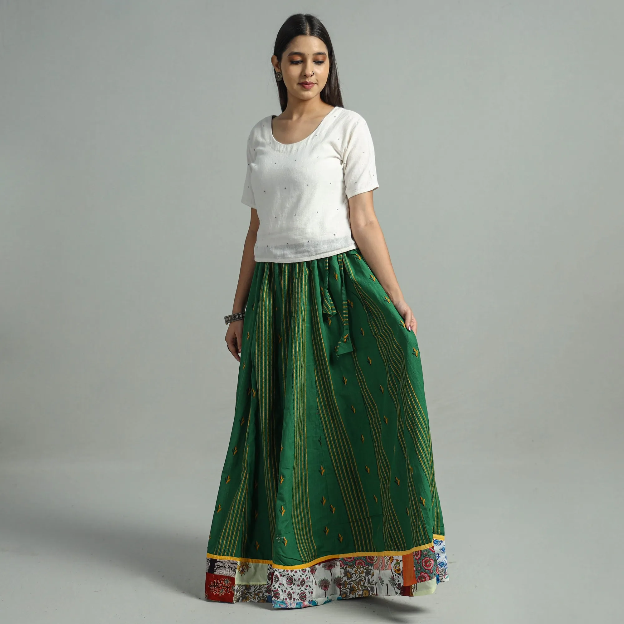 Green - Jacquard Patchwork 24 Kali Cotton Long Skirt 38