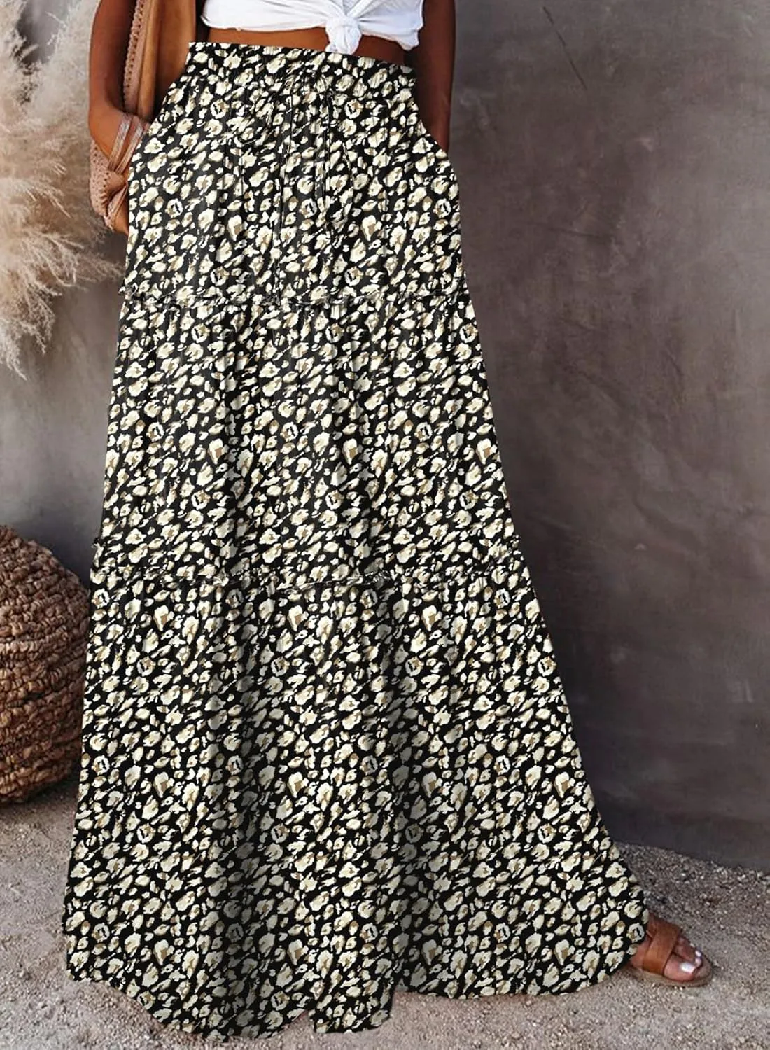 Happy Sailed Womens Floral Print Boho Maxi Skirt Elastic High Waist Pleated Ruffle Flowy Long Skirts S-XL