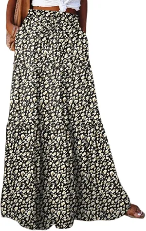 Happy Sailed Womens Floral Print Boho Maxi Skirt Elastic High Waist Pleated Ruffle Flowy Long Skirts S-XL